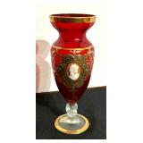 Vintage Italian Art Glass Raised Cameo and Gold Gilt Vase and Vintage Ruby Red Glass Bell