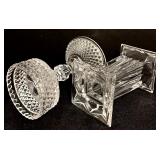 Beautiful Vintage Crystal Lot with Covered Candy Dish, 2 Large Candle Holders, Basket and Small Votive Candle Holders with Rose Pattern