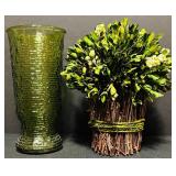 Vintage Soreno Avocado Green Glass Vase and Faux Floral Bunch