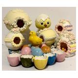 Easter! Chick in Cracked Egg Music Box, Porcelain Egg Holders and Five Different Size Sugar Eggs with Cutout with Scenes