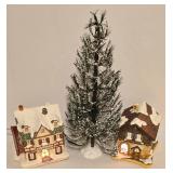 Wonderful Pair of Lighted Hummel Village Buildings + Faux Tree