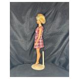 VINTAGE BLONDE BARBIE WITH STAND WEARING PLAID DRESS