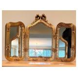 Vintage Florentine Gold Gilt Style Trifold Vanity Standing Mirror Tabletop