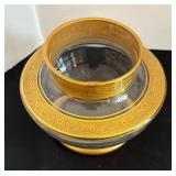 Vintage Golden Accented Dishes and Mirror including a Vintage Kemple Glass Spooner Moon and Star Jeweled Clear Glass