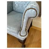 Elegant Queen Anne Style Light Blue High Back Armchair