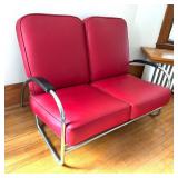 Vintage Art Deco Red Chrome Tubular Sofa / Loveseat