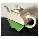 Vintage Art Deco Fraunfelter Ohio Pewter Green Slide Cover Porcelain Tea Pot & Vintage Knowles Utility Ware Teapot