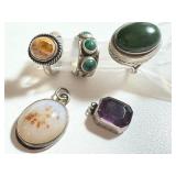 Three Vintage Rings and Two Vintage Pendants