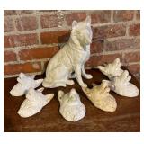 Plaster Dog Sculpture and 6 Dog Motif Plaques