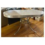 Farmhouse 1950s, Oval Formica Table, with Leaf, Gray and White Top with Chrome Pedestal Legs, Mid Century Modern Table