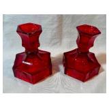 FOSTORIA Ruby Red Glass Coin Candlestick Holders