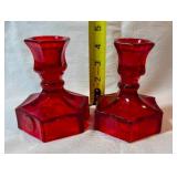 FOSTORIA Ruby Red Glass Coin Candlestick Holders