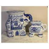 Vintage Bombay Company Handpainted Ceramic Chinoiserie Blue & White Elephant Pair