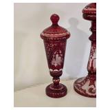 Vintage Antique Bohemian Ruby Cut to Clear Glass Lidded Candle Holder Pair