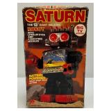 Vintage Battery Operated SATURN 13" Walking Robot With Light Up Eyes & Shooting Missles (Only One Missile Present) In Original Box (UNTEESTED)