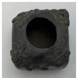 Vintage Signed Dona Rosa Black Pottery Square Signed Carved Floral Vase 2 3/4" & Unknown Artist Signed Black Pottery Vase 5 3/4"