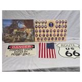 Collection of Vintage Americana Artifacts Including Route 66 Sign, U.S. Presidents Display, and American Flag