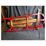 Beautifully Restored Red Metal and Wood Snow Sled with Rope Handle