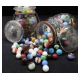 VINTAGE LIDDED JARS WITH VINTAGE MARBLES