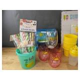 Brand New Drink Holder, Novelty Glasses, Reusable Ice Cubes, Paper Straws, Cups, Dry Erase Board, Lunch Boxes and More *D