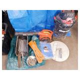 Garden stakes, chainsaw chains and files, tarp, leaf blower and more!!