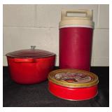 Camping Gear Lot: Lanterns, Insulated Playmate Thermos, Red Cookware, and Tin