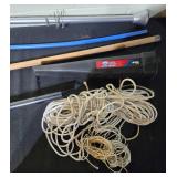 Mixed Lot of Fishing Rods, Hooks, and Ropes