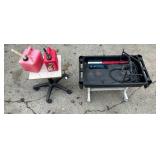 Assorted Tools and Equipment Including Spyder Saw Blades, Storage Box, and Gas Cans