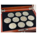 10pc Silver Peace Dollar Collection w/1921 Key Date and Display Box