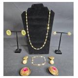 Vintage Jewelry Collection Including Necklace, Earrings, and Bracelet - displays not included