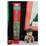 Holiday Wall Table DeCor…Quilted Wall Table Textiles, Wooden Bead Garland, Snowman and Mini Tree wBox…