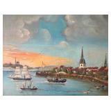 E. BORKENHEUSER Vintage Harbor Seascape Original Oil Painting