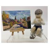 Vintage Small CHRISTIAN AVRIL Oil Painting with BING & GRONDAHL Porcelain Figurine