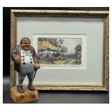 Vintage Colored Etching IN AN ENGLISH GARDEN by MICHAEL BOND and Hand Carved Wood Figurine