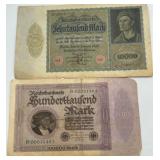 Antique 1922 Germany REICHSBANKNOTE 10000 & 100000 Marks Money Bill - Qty 2