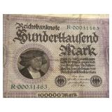 Antique 1922 Germany REICHSBANKNOTE 10000 & 100000 Marks Money Bill - Qty 2