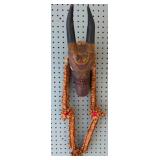 Antique Wood Nandi Bull With Horns Hand Painted and Carved From India w/ Chandan Haar Sandalwood Mala Garland