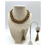 BOLD AND GOLD - Vintage Chunky Necklace and Dangle Drop Clip On Earrings