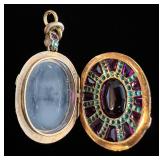 Victorian Gold Hair Locket with Purple Amethyst and Green Amethyst - Curved Glass Back - Unmarked