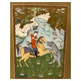 Antique Original Persian Painting Nobleman Hunting a Bear on Horse