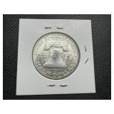 1959 D Mint Error Franklin Half Dollar, Doubling on Reverse, Ghost "D" Behind Mintmark, Doubling within "United States" XF+ Condition