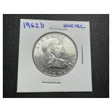 1962 D MS Uncirculated Franklin Half, Unbroken Luster-Fields and Devices, Full Straps