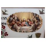 Antique Religious ’Last Supper’ Custom Foil-Art Bluebirds Chalice Cross Shadow Box…