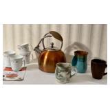 Kitchen Essentials…Wolfgang-Puck 2.2 Qt. Stainless Steel Tea Kettle w/Assorted Pottery and China Coffee Cups