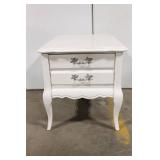 Vintage White Nightstand with Two Drawers and Decorative Hardware