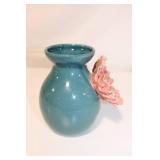 Vintage Teal Vase with Flower Accent and Yellow Bake Oven Dish