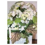 Decorative White Wicker Plant Stand with Artificial Flowers and Foliage