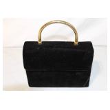 Vintage Black Suede Handbag with Gold Tone Handle