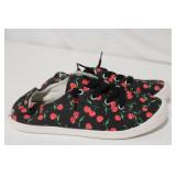 Gently Used Black Canvas Sneakers with Cherry Print