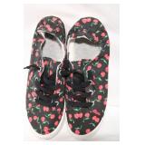 Gently Used Black Canvas Sneakers with Cherry Print